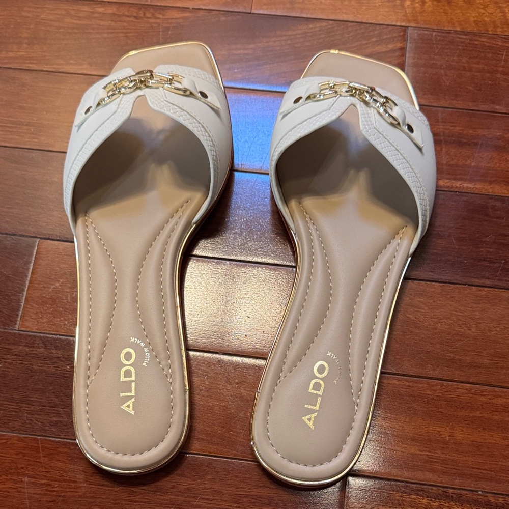 ALDO White Slide Sandals with Gold Accents - Picture 2 of 4